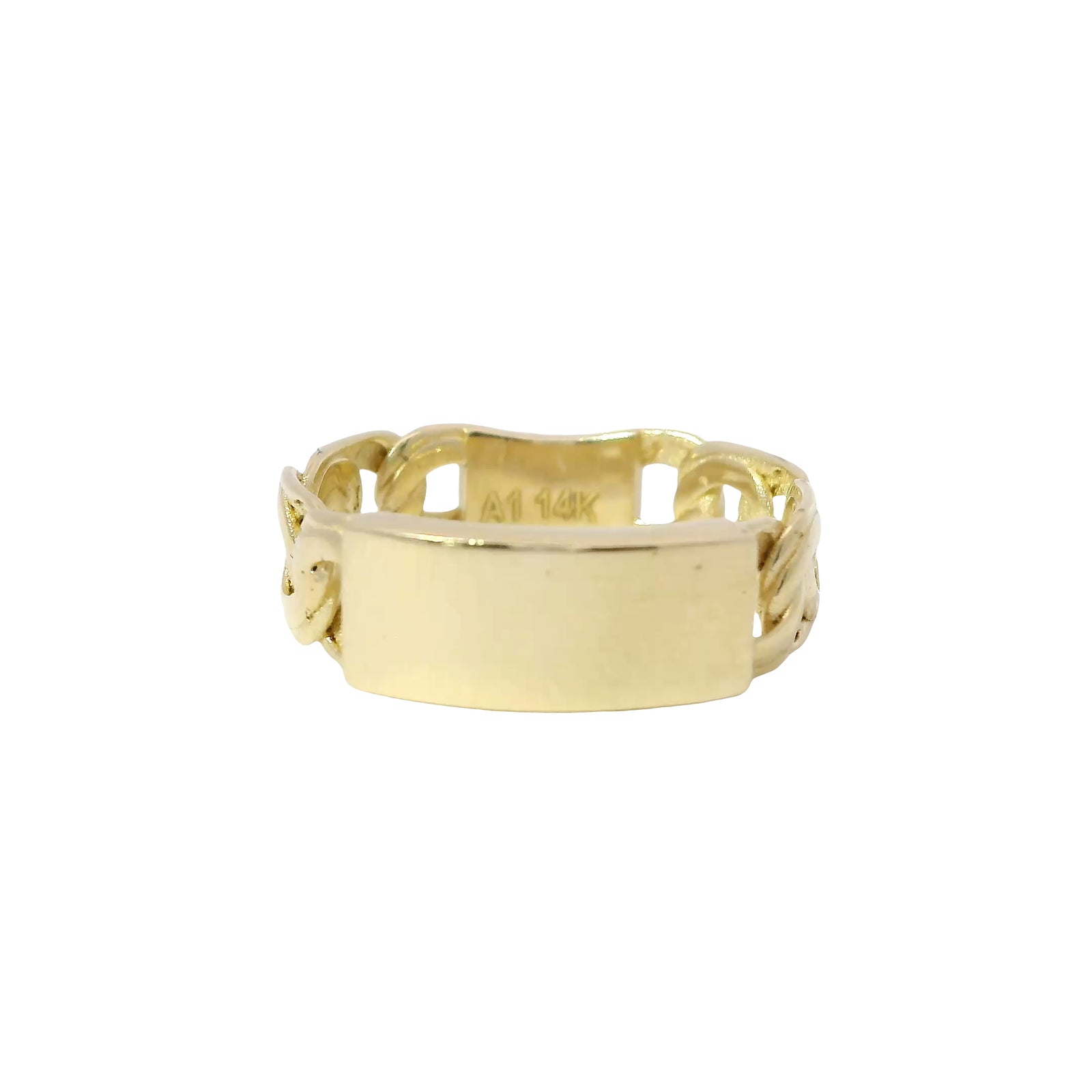 14KT Gold Ring Unisex Mini Plain Name Plate with No Border and Chino Band