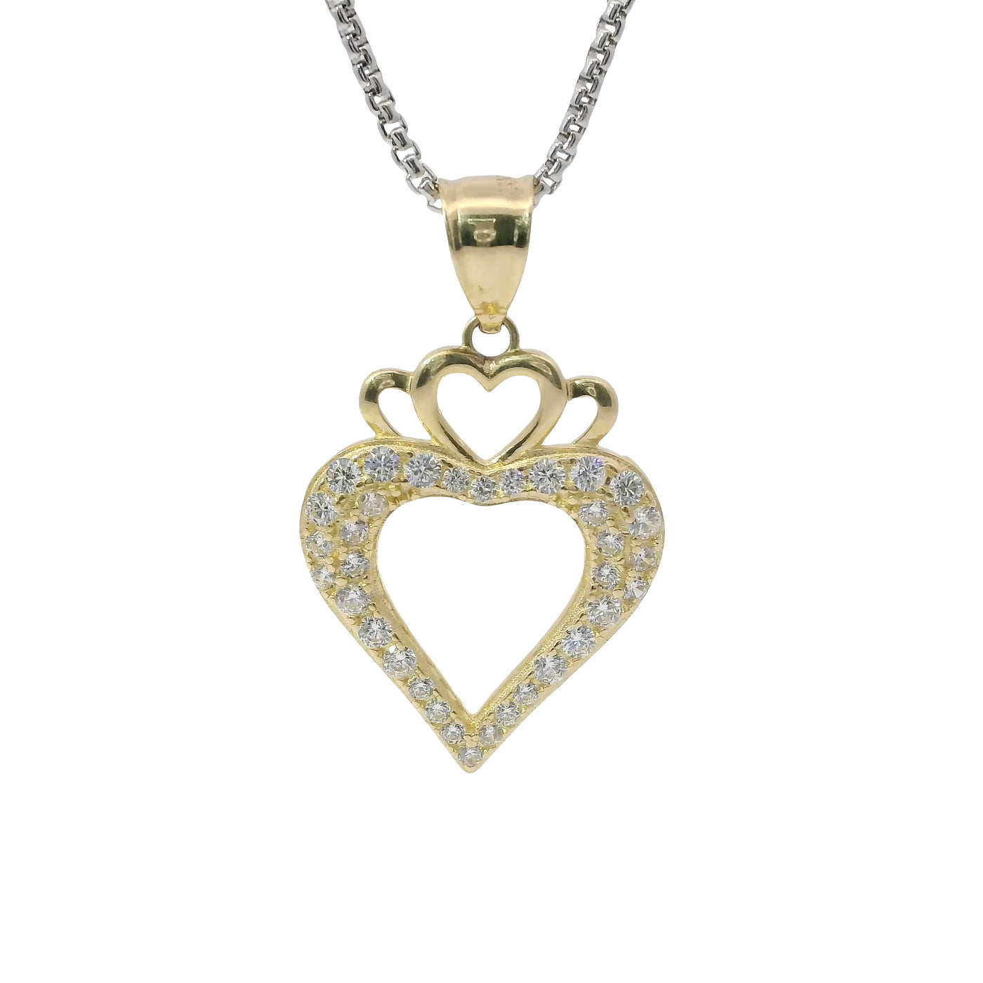 14KT Gold Charm Medium Open White CZ Stones Heart with Three Plain Hearts on Top and Plain Bell