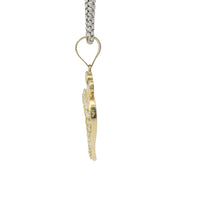 14KT Gold Charm Medium Open White CZ Stones Heart with Three Plain Hearts on Top and Plain Bell