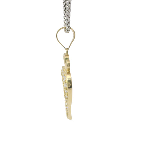 14KT Gold Charm Medium Open White CZ Stones Heart with Three Plain Hearts on Top and Plain Bell