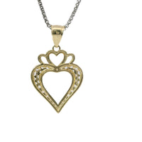 14KT Gold Charm Medium Open White CZ Stones Heart with Three Plain Hearts on Top and Plain Bell