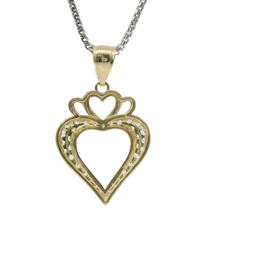 14KT Gold Charm Medium Open White CZ Stones Heart with Three Plain Hearts on Top and Plain Bell