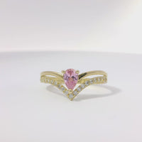 14KT Women's Gold Ring Pink Pear Center CZ Stone with Spit Chevron Upper White CZ Stone Band and Lower Plain Band