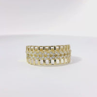 14KT Gold Ring Women's Light Weight Open Stipe Wide Band with White CZ Chain Link on Solid Background Center
