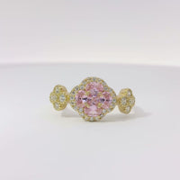 14KT Gold Ring Women's Jumbo Flower Pink Square CZ Stone Center Four Pink CZ Stone Oval Petals with Two White CZ Stone Side Flowers and Borders with Plain Band
