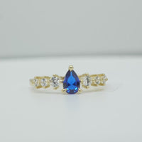14KT Gold Ring Women's Navy Blue Pear CZ Center 3 Round White CZ Stones Shoulders Plain Band