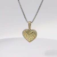 14KT Gold Charm Medium Nugget Heart Center with White CZ Stones Border and Bell