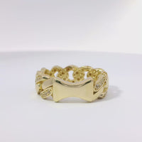14KT Gold Ring Women's Medium Alternating White CZ Stones Cuban Link and Plain Cuban Link Band