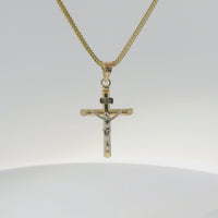 14KT Gold Charm Small Two Tone Hollow Tube Slant Ends Crucifix Cross with Plain Bell