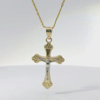 14KT Gold Charm Medium Two Tone Swirl Center Club Ends Crucifix Cross with Plain Bell