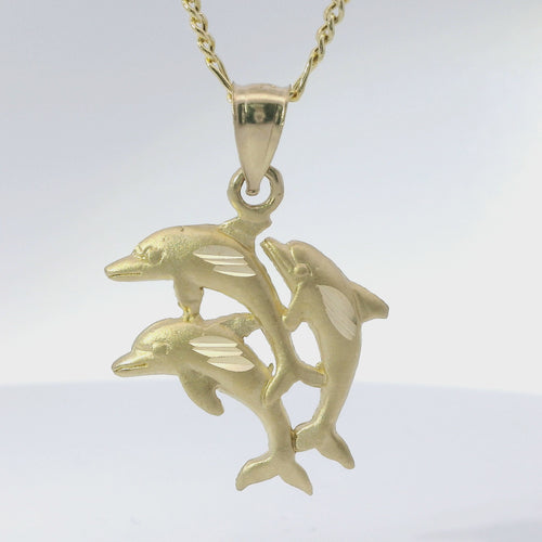 14KT Gold Charm Three Medium Jumping Dolphins with Plain Bell