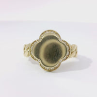 14KT Gold Ring Women's Engravable Clover Center with White CZ Stones Edge and Cuban Link Band