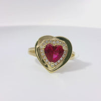 14KT Gold Ring Women's Red Heart Center CZ Stone with White CZ Stones Border, Plain Platform Border, and Plain Split Band