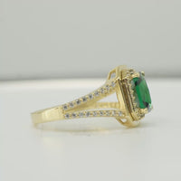 14KT Gold Ring Women's Dark Green Rectangle Center CZ with Round White CZ Stone Border and Plain Octagon Border with Split CZ Stone Band