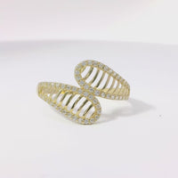 14KT Gold Ring Women's Light Weight Open Stipe Lasso with White CZ Stones Border Bypass Band