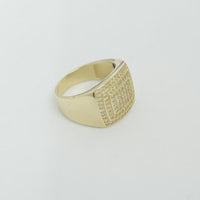 14KT Gold Ring Men's Flat Curved Rectangle White CZ Stones Five Rows of Seven Center with White CZ Stones Double Border and Plain Band