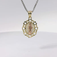 14KT Gold Charm Medium Two Tone St Jude Oval Lattice with Diamond Cut Open Heart Border and Plain Bell