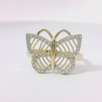 14KT Gold Ring Women's Open Stripe Butterfly with White CZ Stones Border and Plain Band