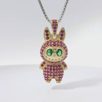 14KT Gold Charm Large 3D Flat Back LaBuBu Dark Green Oval CZ Stones Eyes, Dark Pink CZ Stones Body and Bell