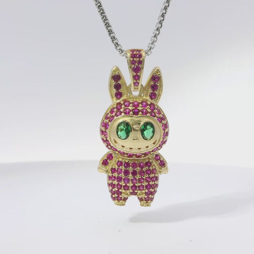 14KT Gold Charm Large 3D Flat Back LaBuBu Dark Green Oval CZ Stones Eyes, Dark Pink CZ Stones Body and Bell