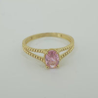 14KT Gold Ring Women's Oval Pink Center Stone with Rope Halo and Rope Split Band