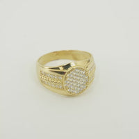14KT Gold Ring Men's Oval White CZ Stone Cluster Center Design with Seven Rows Plain Border Side Design Two Single Rows of White CZ Stones with Gold Rope Pattern in Middle