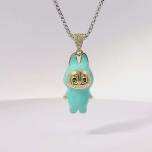 14KT Gold Charm Medium 3D Turquoise Enamel LaBuBu Body and White CZ Stones Bell