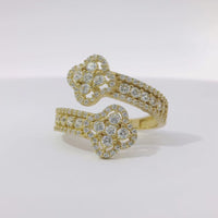 14KT Gold Ring Women's Double White CZ Stones Bypass Clover with CZ Stones Band