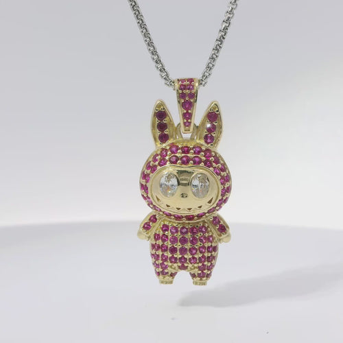 14KT Gold Charm Large 3D Flat Back LaBuBu White Oval CZ Stones Eyes, Dark Pink CZ Stones Body and Bell