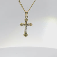 14KT Gold Charm Small Two Tone Swirl Center Club Ends Crucifix Cross with Plain Bell