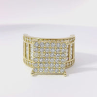 14KT Gold Ring Women's Square Four Prong Six Row White CZ Stones Cluster with Four Sections of Four CZ Baguettes with Round White CZ Stones Border Band