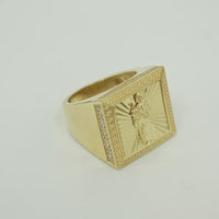 14KT Gold Ring Men's Square St. Jude Sunray Background Greek Border Double Row White CZ Stones Edge Border Plain Band