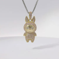 14KT Gold Charm Medium 3D Flat Back LaBuBu White Oval CZ Stones Eyes, Light Pink CZ Stones Body and Bell
