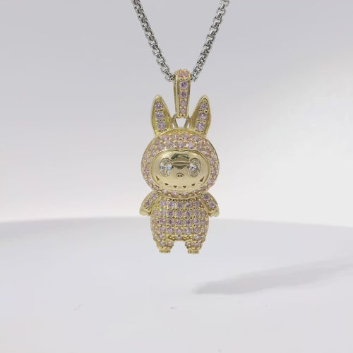 14KT Gold Charm Medium 3D Flat Back LaBuBu White Oval CZ Stones Eyes, Light Pink CZ Stones Body and Bell