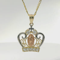 14KT Gold Charm Women's Tri Tone Virgin Mary Tiara with Two White CZ Top Stones and Five White CZ Stones Tiara Band with Plain Split Band