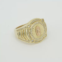 14KT Gold Ring Men's Round Two Tone Virgin Mary White CZ Stones Double Border with Four Slightly Larger Corner Stones and White CZ Stones on Curved Ridged Band
