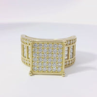 14KT Gold Ring Women's Mini Square Four Prong Six Row White CZ Stones Cluster with Four Sections of Three CZ Baguettes with Round White CZ Stones Border Band