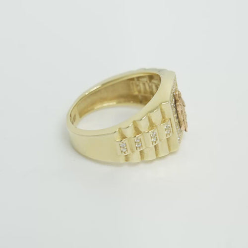 14KT Gold Ring Men's Square Two Tone St. Jude Plain Border with White CZ Stones Background Side Design White CZ Stones and Jubilee Band