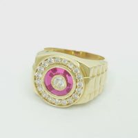 14KT Gold Ring Men's Round White CZ Center Stone Plain Border on Red Onyx Background with White CZ Stones Border Side Design Jubilee
