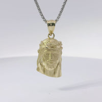 14KT Gold Charm Extra Small Diamond Cut Slant Bottom Jesus Head Front Portrait with Plain Bell