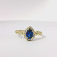 14KT Gold Ring Women's Navy Blue Pear Shape Center CZ Stone White CZ Stones Border Plain Rope Band