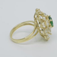 14KT Gold Ring Women's Flower Dark Green Round Center CZ Stone White Pear/Marquise Petals with Round White CZ Stones Border and Plain Split Band