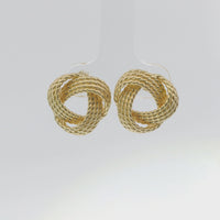 14KT Gold Earrings Medium Open Center Three Strand Flattened Plain Braided Notched Cords Knot with Push Back Post and Butterfly Backs