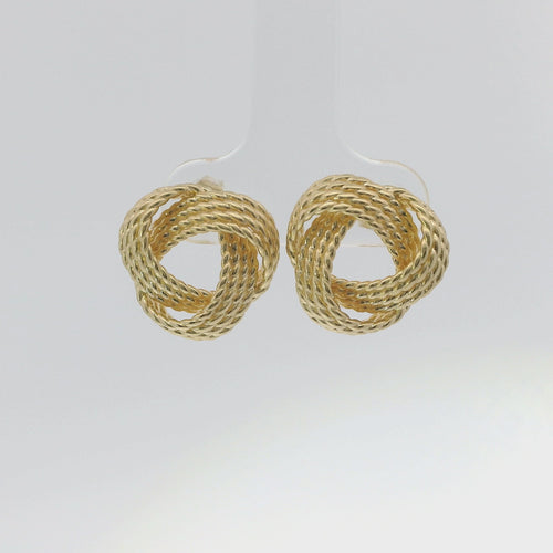 14KT Gold Earrings Medium Open Center Three Strand Flattened Plain Braided Notched Cords Knot with Push Back Post and Butterfly Backs