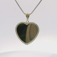 14KT Gold Charm Large Flat Plain Engravable Heart with White CZ Stones Border and Plain Bell
