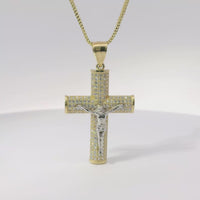 14KT Gold Charm Large Two Tone Five Row White CZ Stones Crucifix Cross with Plain Bell