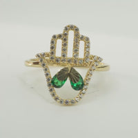 14KT Gold Ring Women's Hand 2 Dark Green Pear Center CZ Stones with White CZ Stones Borders and Plain Band