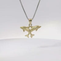 14KT Gold Charm Two Medium Jumping Dolphins with Plain Bell