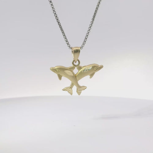 14KT Gold Charm Two Medium Jumping Dolphins with Plain Bell