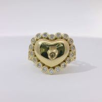 14KT Gold Ring Women's Plain Puff Heart with 18 White CZ Stones Border Chino Link Band